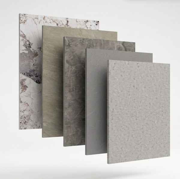 Five wall panel samples in different patterns, lined up one behind another
