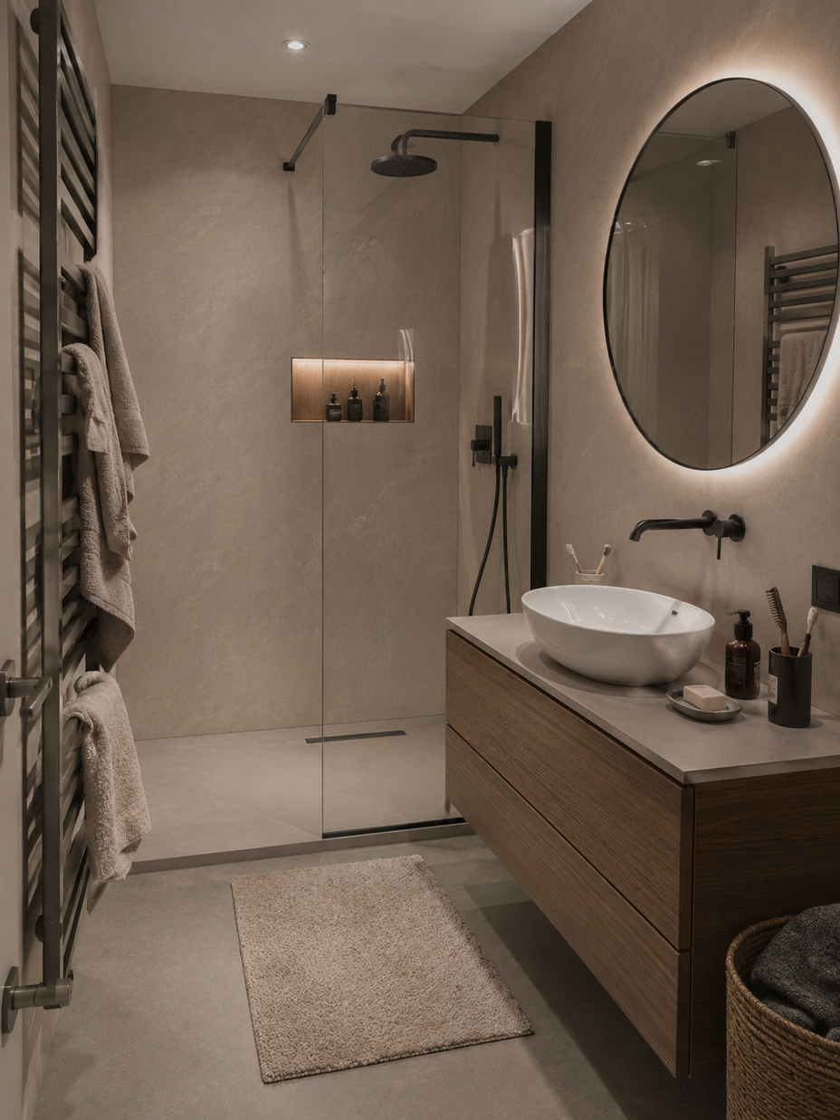 Łazienka z panelami ściennymi Arctic Pearl, prysznicem walk-in i wiszącą szafką