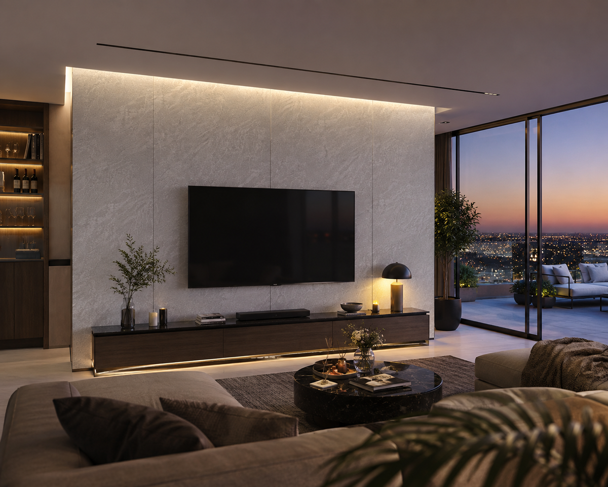 Arctic Pearl PVC wall panel on a living room TV wall