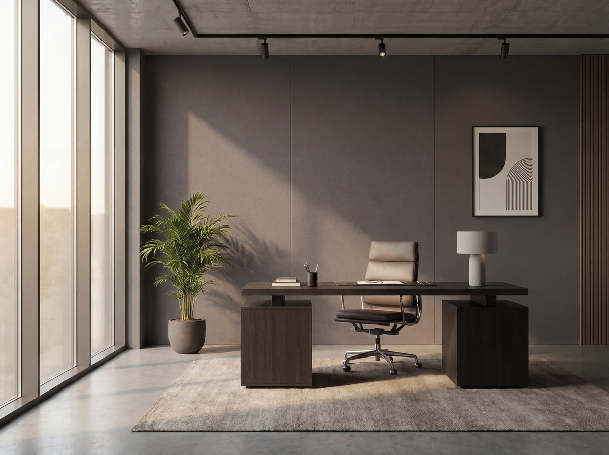 Panel ścienny PVC Clay Concrete na ścianie domowego biura