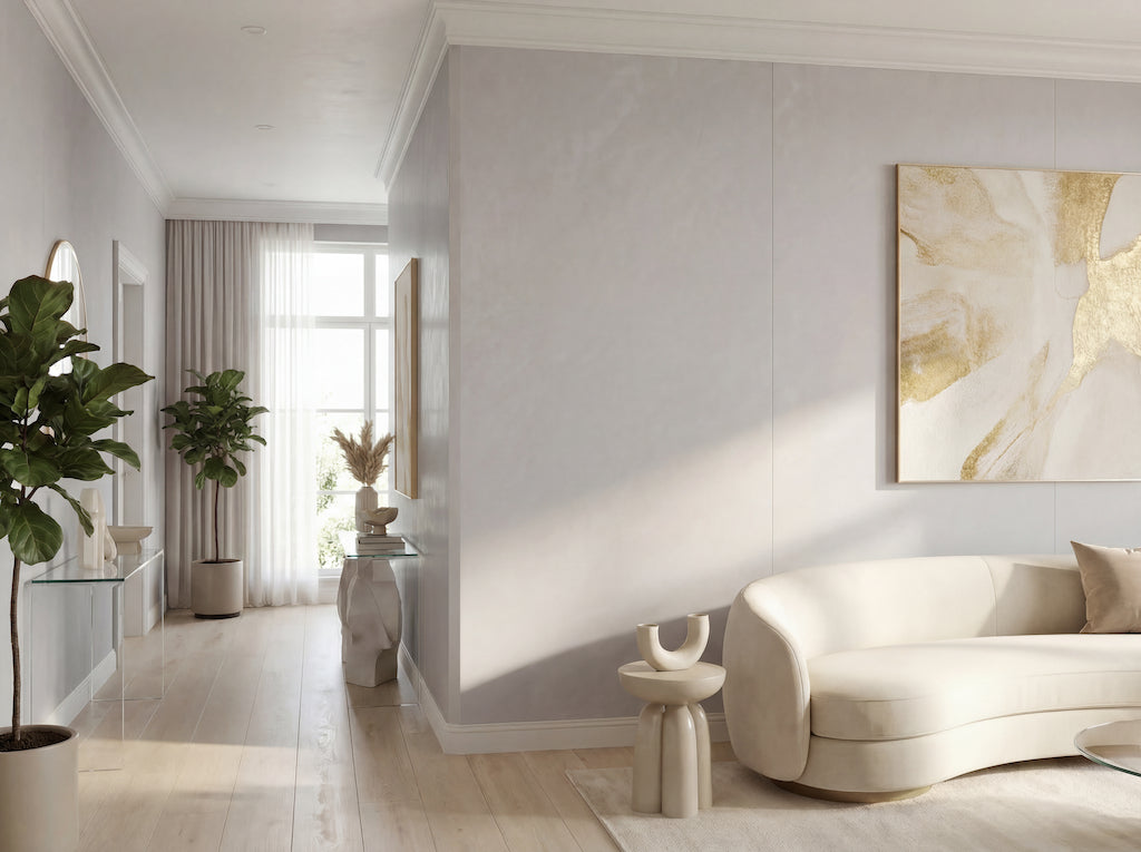 Panel ścienny PVC Cloud Ivory na ścianie w nowoczesnym salonie