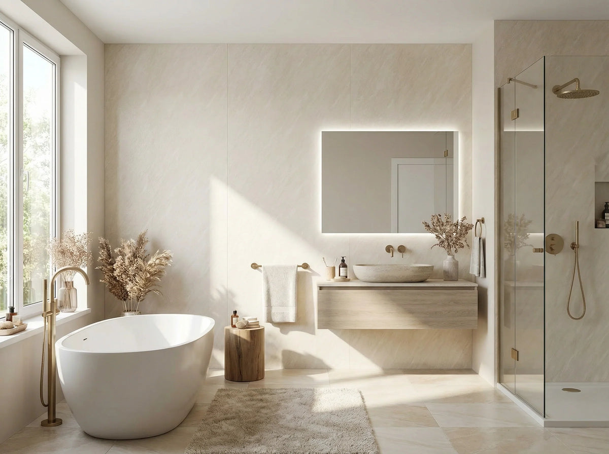 PVC-Wandpaneel Cream Vein an einer modernen Badezimmerwand