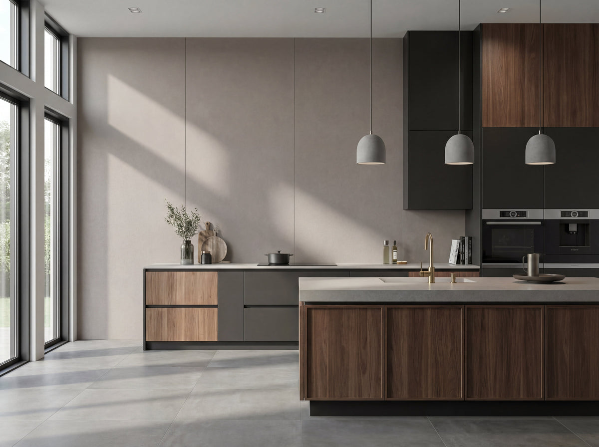 Panel ścienny PVC Dust Cement na ścianie w nowoczesnej kuchni