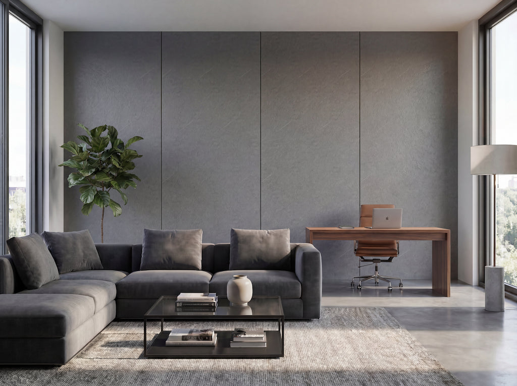 PVC-wandpaneel Factory Grey aan een donkere woonkamerwand