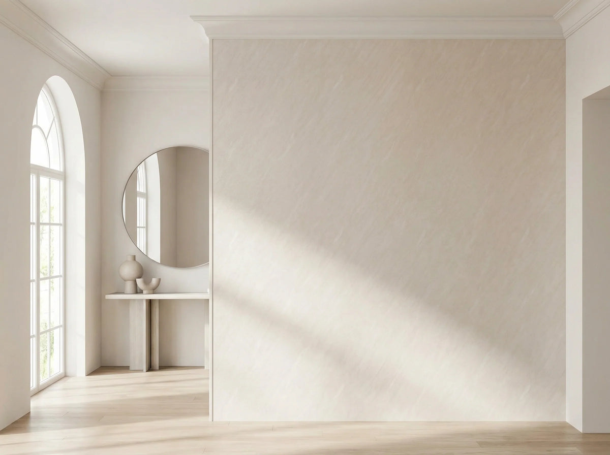 PVC-Wandpaneel Ivory Pearl an der Wand eines minimalistischen Wohnzimmers