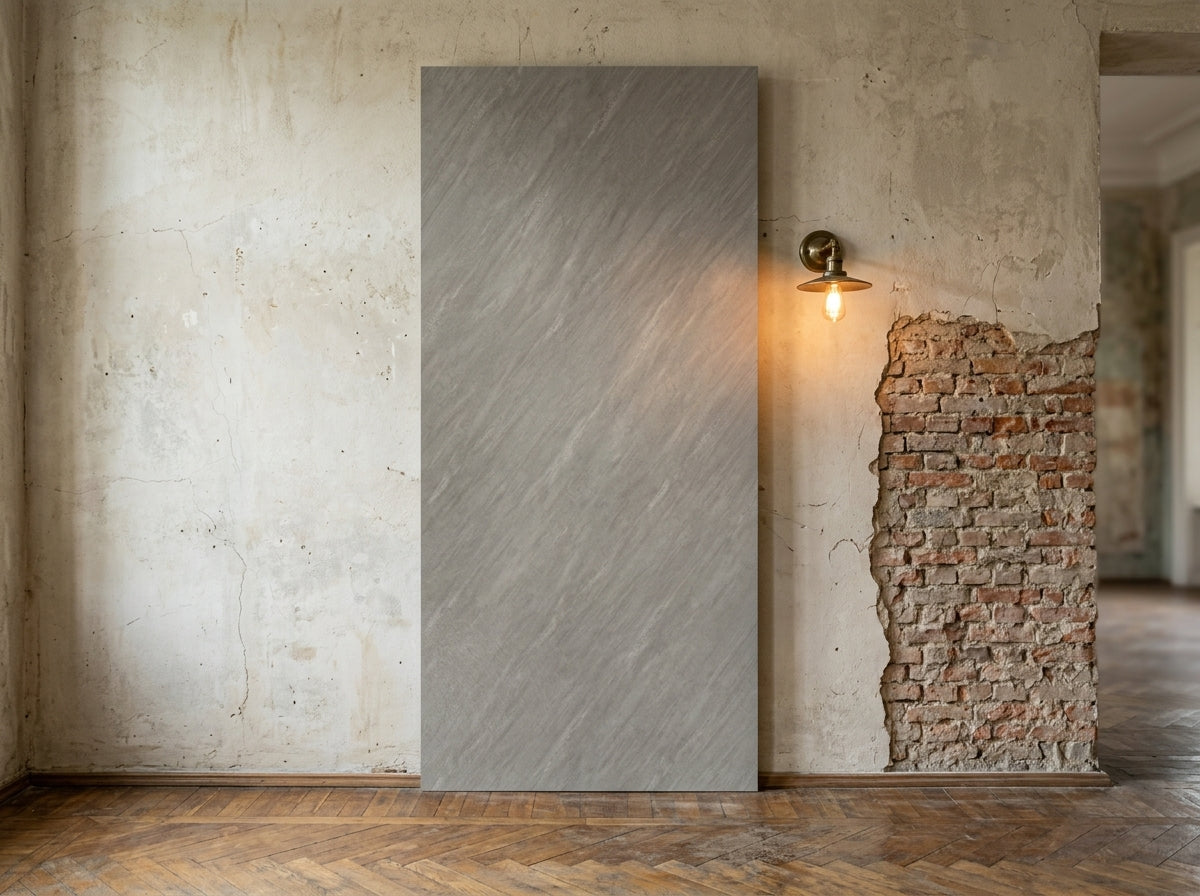 PVC-Wandpaneel Loft Ash vertikal aufgestellt in einem Loft-Interieur