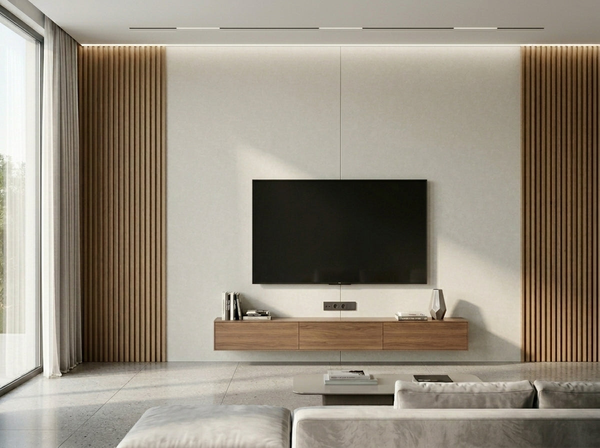 PVC-Wandpaneel Light Canyon an einer TV-Wand im Wohnzimmer