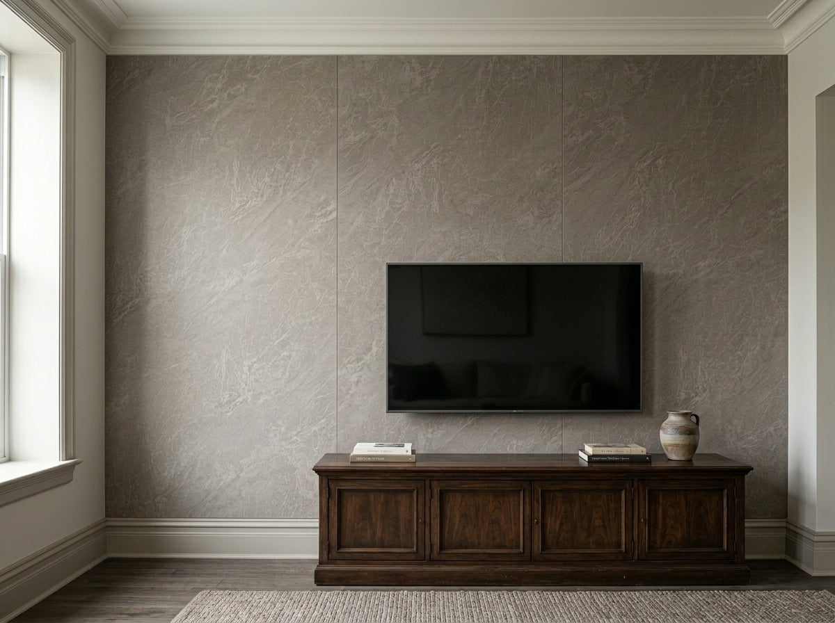 PVC-Wandpaneel Metro Sand an einer TV-Wand im Wohnzimmer