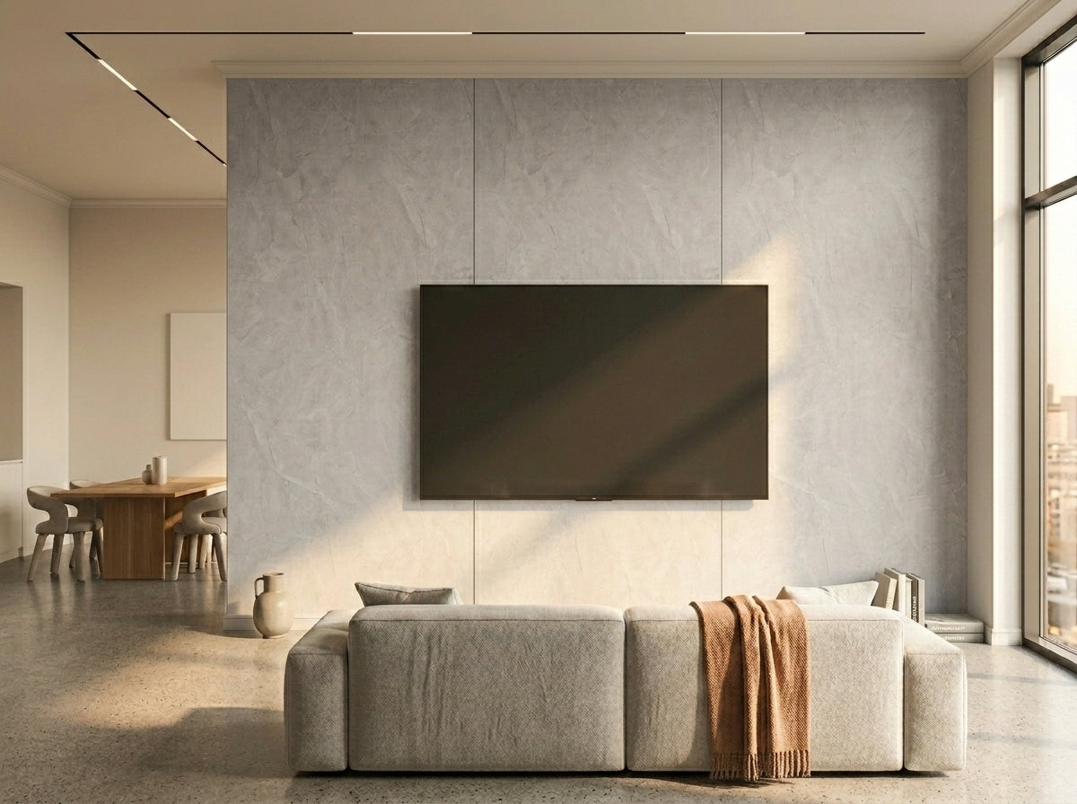 Panel ścienny PVC Polar Stone na ścianie telewizyjnej w salonie