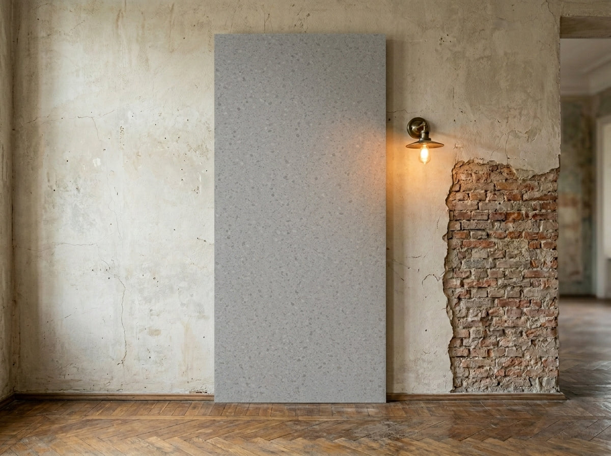 PVC-Wandpaneel Silver Cliff vertikal aufgestellt in einem Loft-Interieur