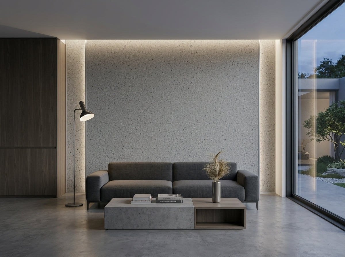 Panel ścienny PVC Steel Canyon na ścianie w nowoczesnym salonie