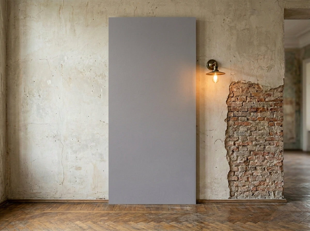 PVC-Wandpaneel Storm Grey vertikal aufgestellt in einem Loft-Interieur