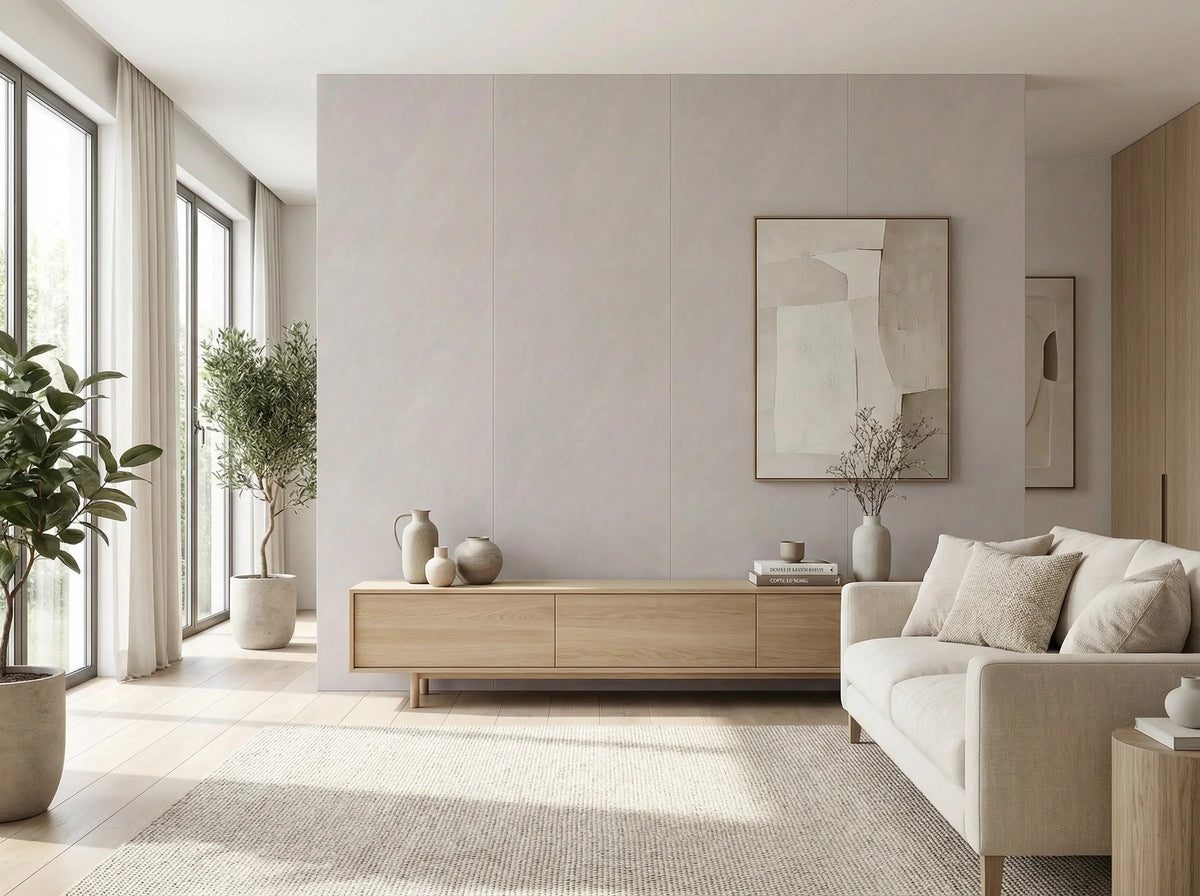 PVC-Wandpaneel Urban Mist an einer modernen Wohnzimmerwand