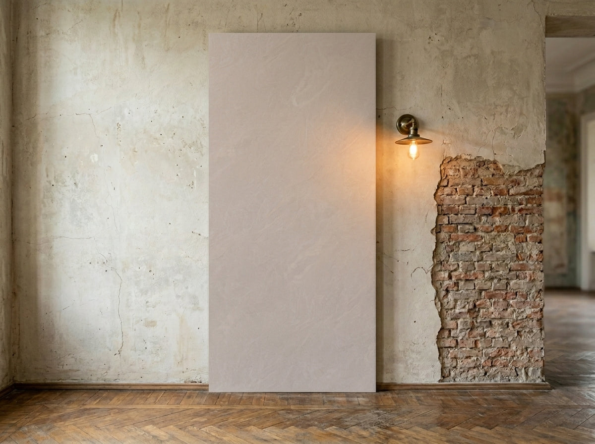 PVC-Wandpaneel Urban Mist vertikal aufgestellt in einem Loft-Interieur