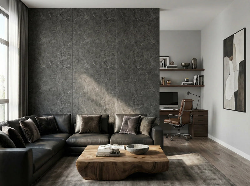 PVC-wandpaneel Graphite Ridge aan een donkere woonkamerwand